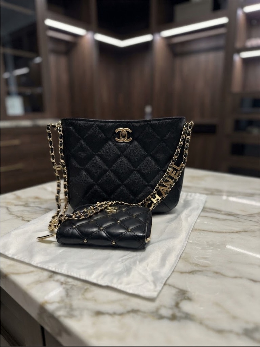 Black Quilted Chain Shoulder Bag with Matching Short Wallet